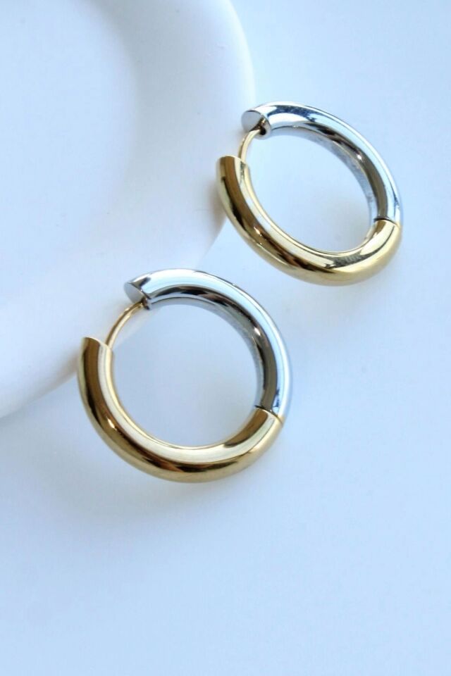 Premium Seri İki Renk Klasik Halka Tasarım Kararmaz Kadın Çelik Küpe Gold&Gümüş