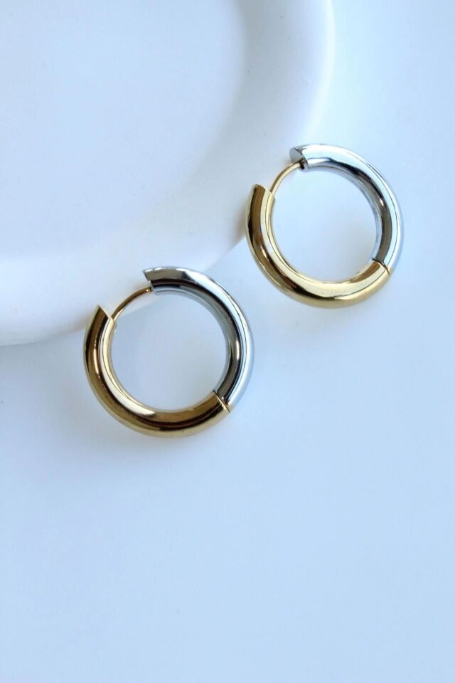 Premium Seri İki Renk Klasik Halka Tasarım Kararmaz Kadın Çelik Küpe Gold&Gümüş