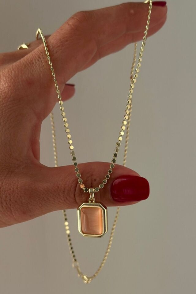 Premium Seri Cat's Eye Tasarım Plaka Model 60 Cm Ezme Zincirli Kadın Çelik Kolye 14 K Altın - 60 Cm
