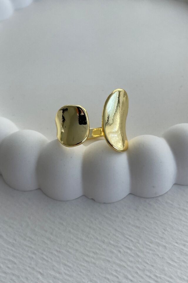 Özel Seri Cilalı Ortasi Boş Asimetrik Kavisli Model Bombe Tasarım Ayarlanabilir Kadın Çelik Yüzük Gold