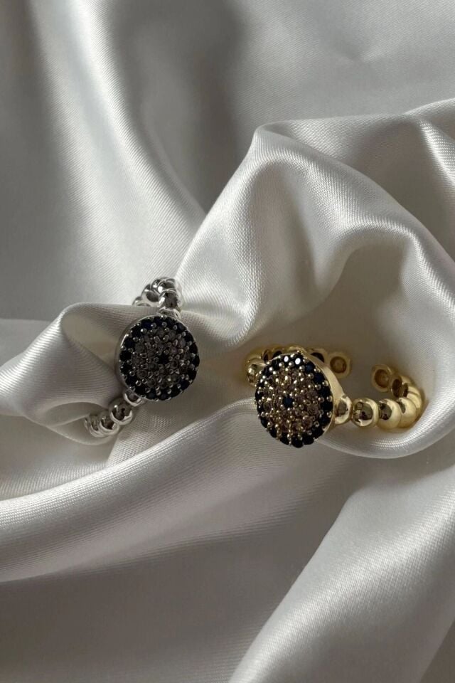 Yeni Sezon Full Zirkon Taşlı Nazar Boncuğu Model Ayarlanabilir Kadın Çelik Yüzük Gold