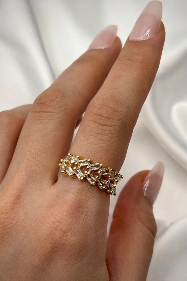 Yeni Sezon Çapraz Full Baget Zirkon Taşlı Model Ayarlanabilir Kadın Yüzük Gold