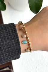 Premium Seri Renkli Taşlı Yonca Charmlı Ayarlanabilir Kadın Çelik Bileklik Kelepçe