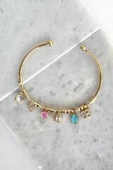 Premium Seri Renkli Taşlı Yonca Charmlı Ayarlanabilir Kadın Çelik Bileklik Kelepçe